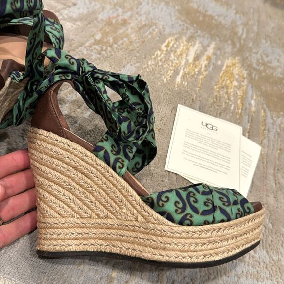 UGG Lucianna Marrakech Green/Blue Satin Espadrilles Wedge Sandals size 7.5 new - Picture 5 of 8